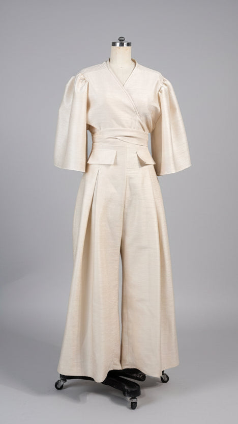 Oversized Puff Sleeve Wrap Top in Light Gold Lightweight Matte Gazar