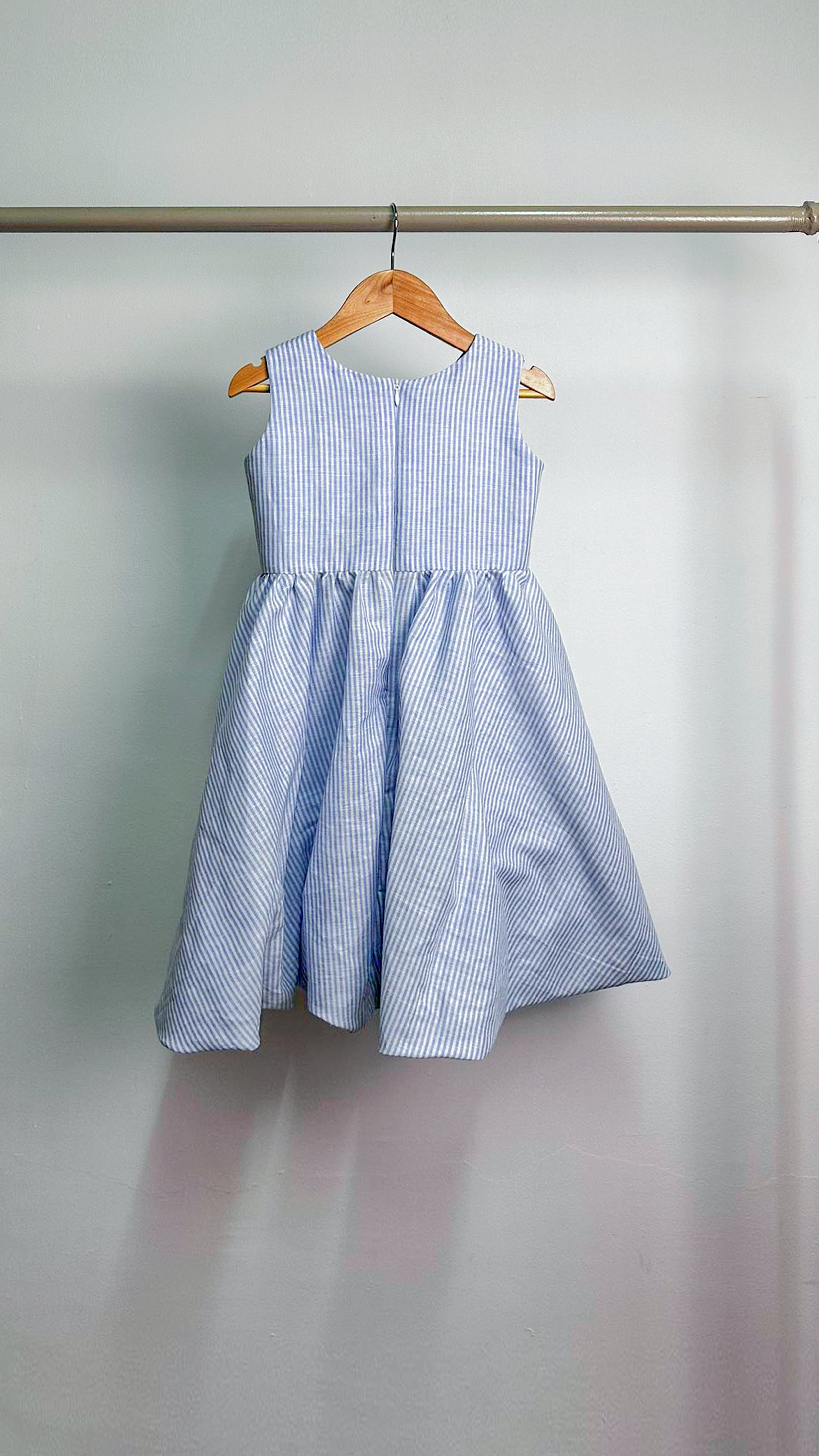 Sleeveless Midi Dress with Mushroom Hem Skirt - Baby Blue Stripe