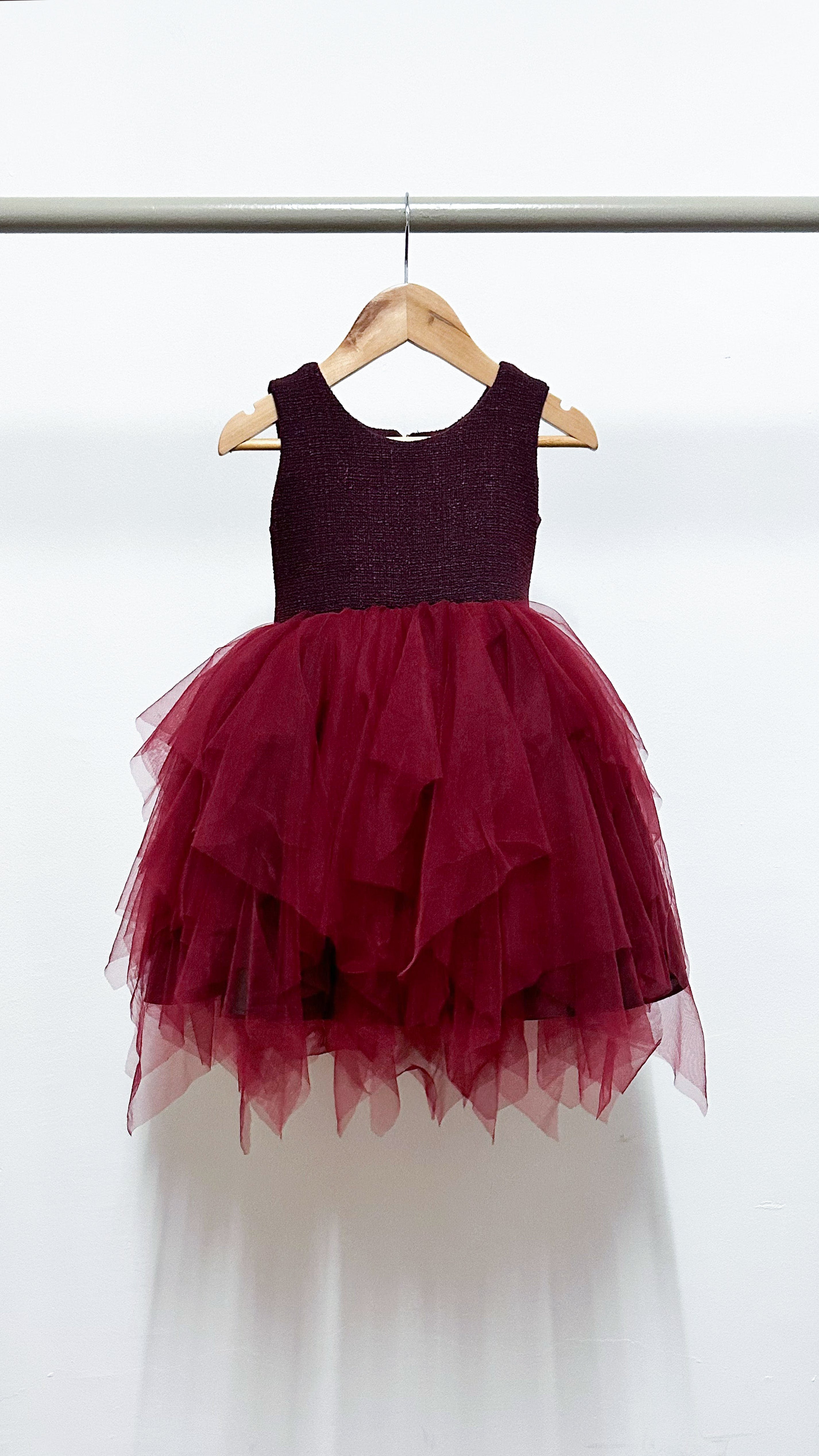 Sleeveless Midi Uneven Hem Tulle Dress - Maroon Tweed