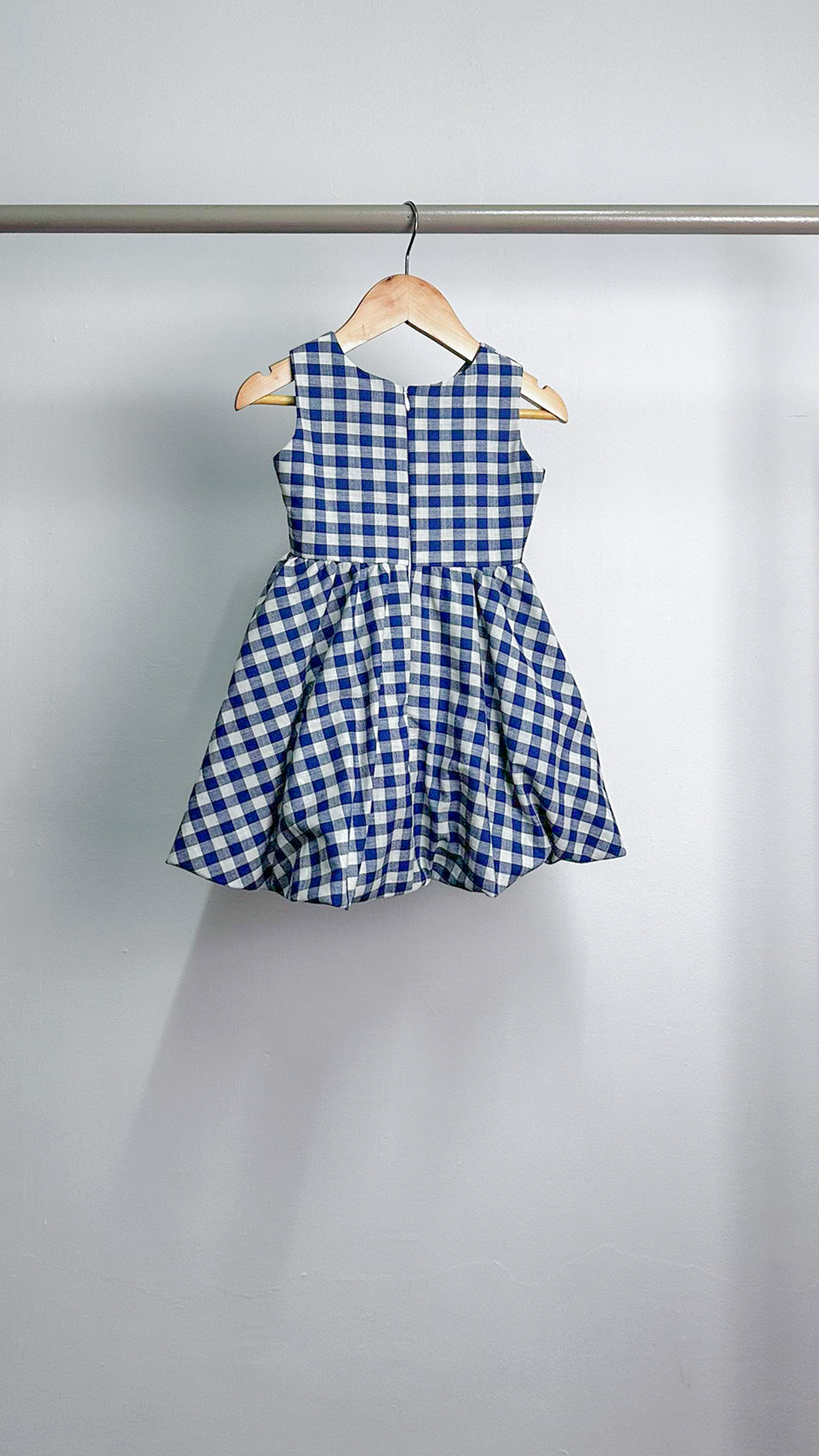 Sleeveless Midi Dress with Mushroom Hem Skirt - Blue/White Checkered