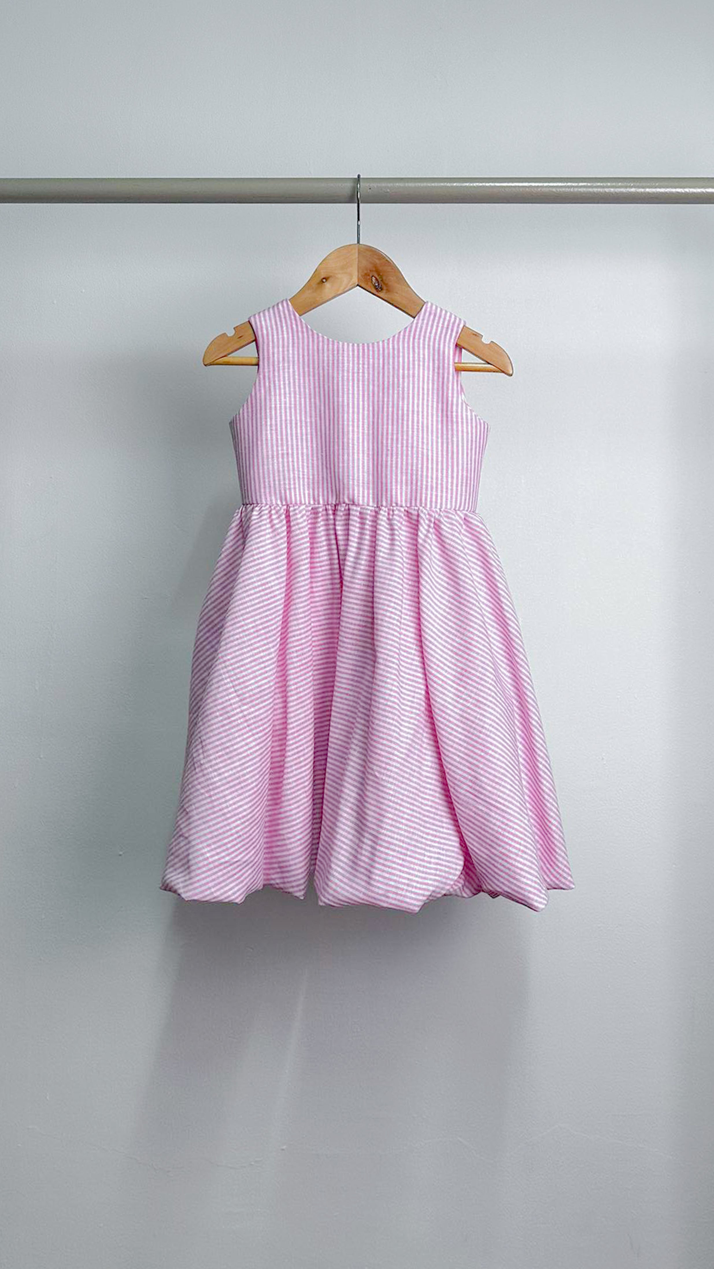 Sleeveless Midi Dress with Mushroom Hem Skirt - Baby Pink Stripe