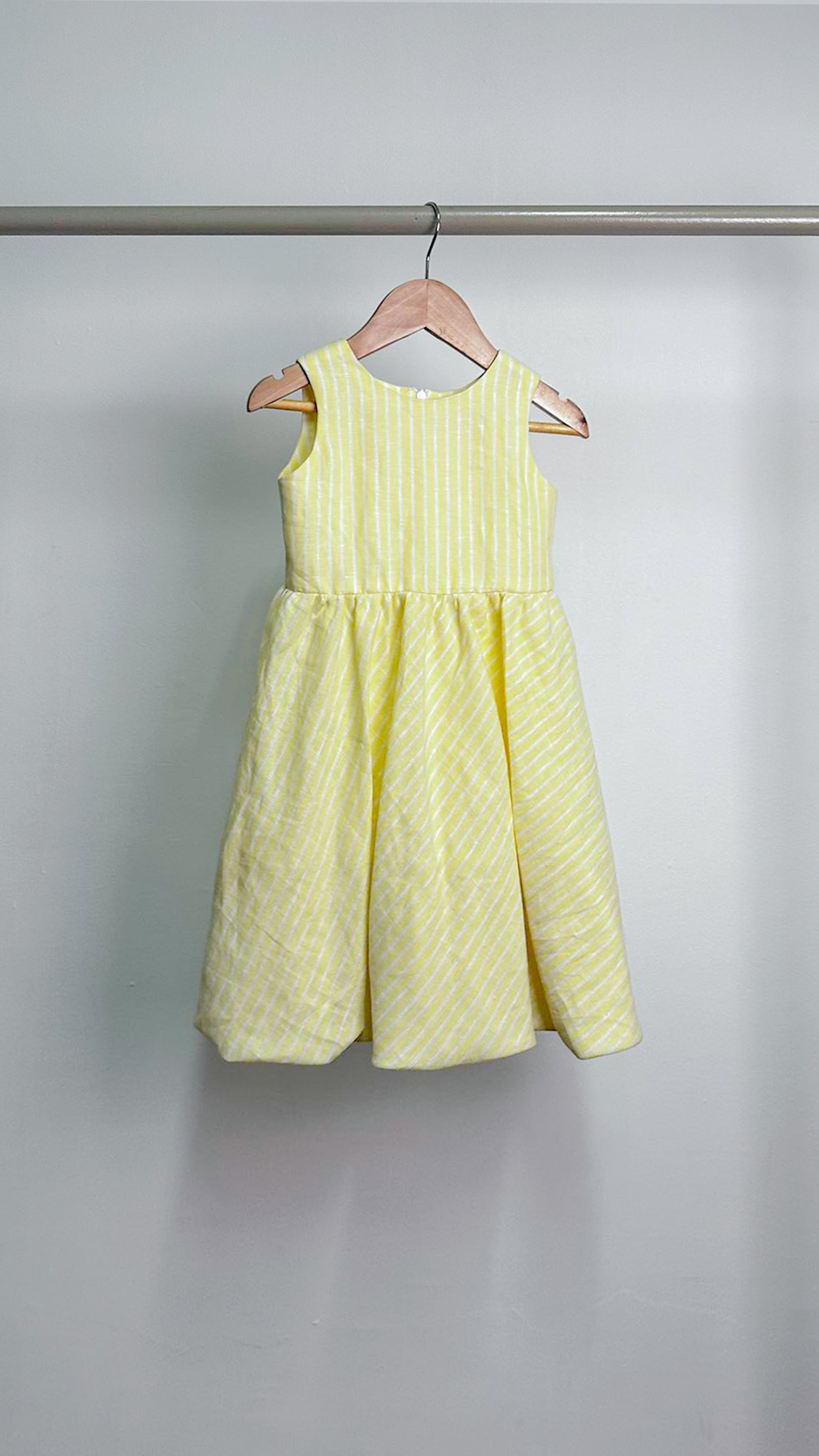 Sleeveless Midi Dress with Mushroom Hem Skirt - Yellow Stripe