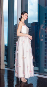 Beige Gazar Summer Peach Floral Full Length Gown