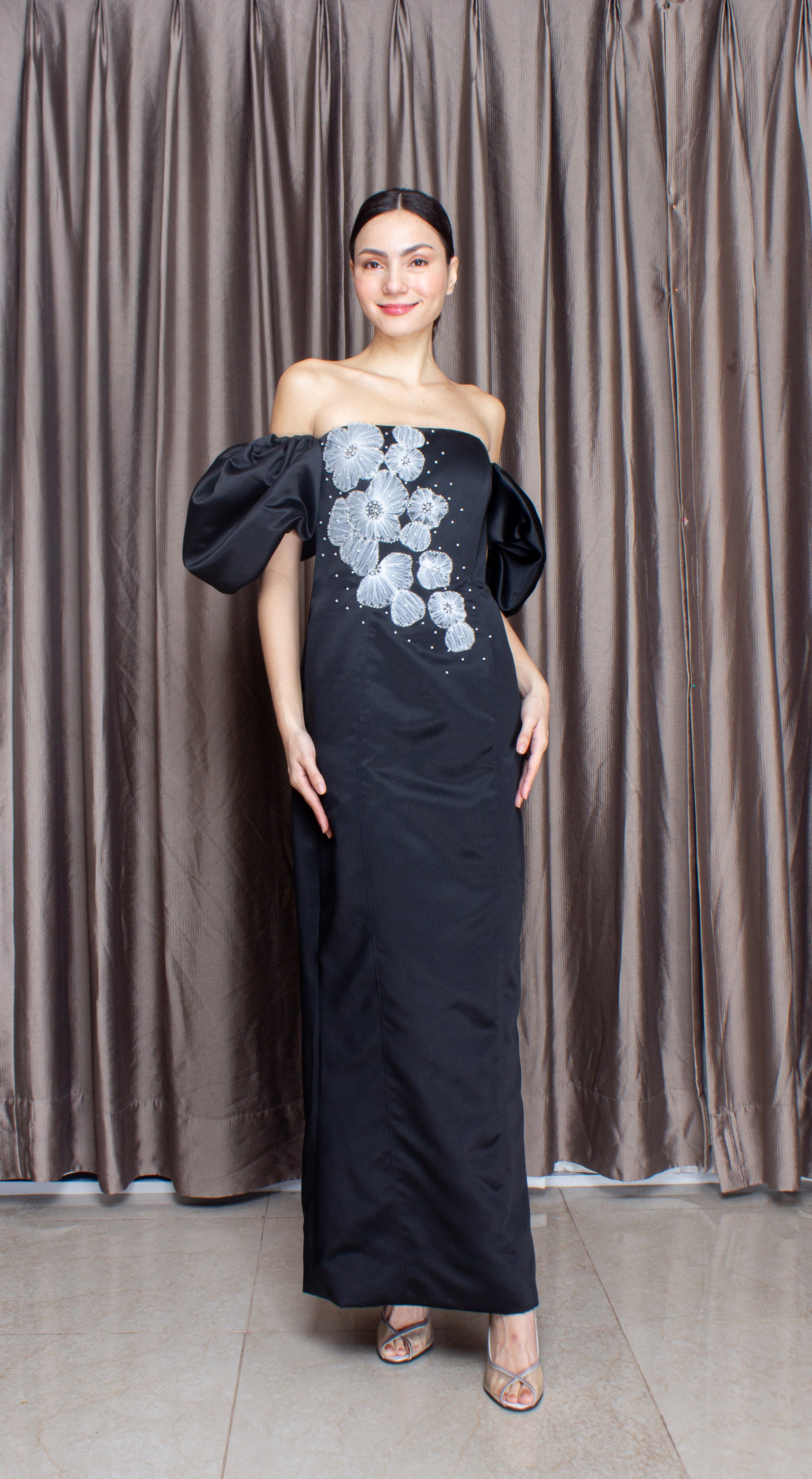 Black Crepe Satin Off-Shoulder Puff Sleeve White Lace Long Gown