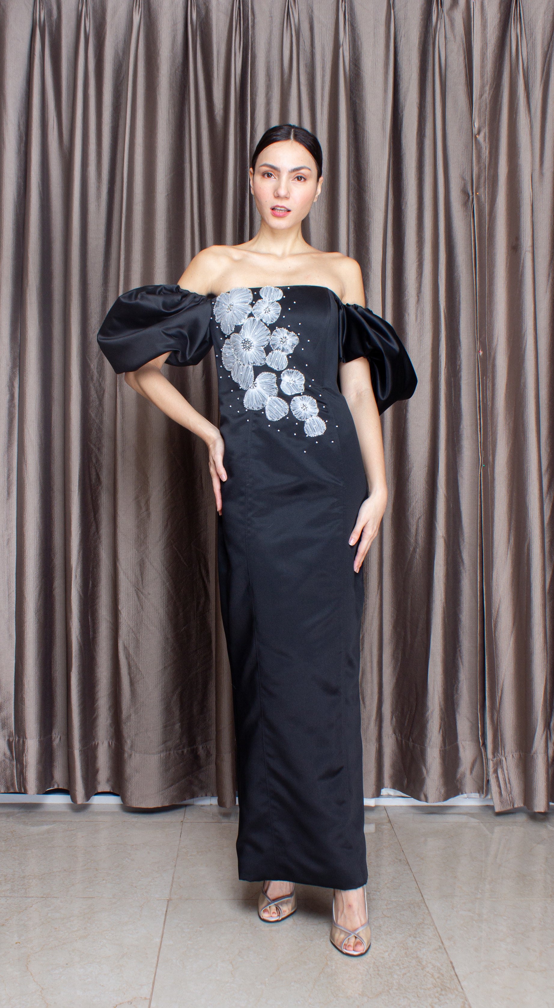 Black Crepe Satin Off-Shoulder Puff Sleeve White Lace Long Gown