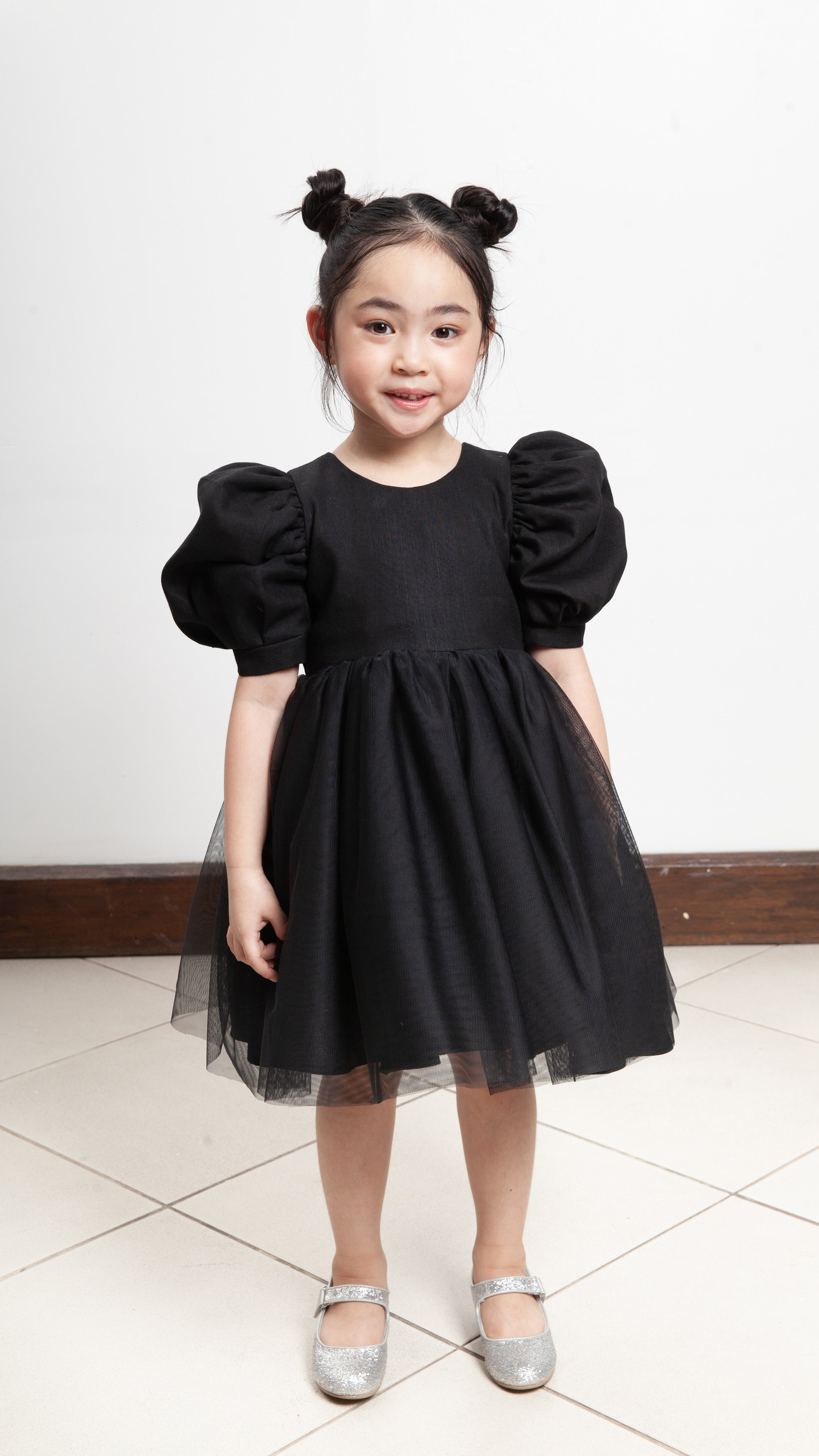 Puff Sleeve Midi Tulle Dress - Black Linen