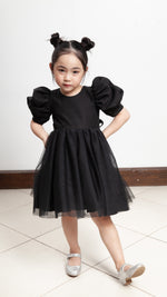 Load image into Gallery viewer, Puff Sleeve Midi Tulle Dress - Black Linen
