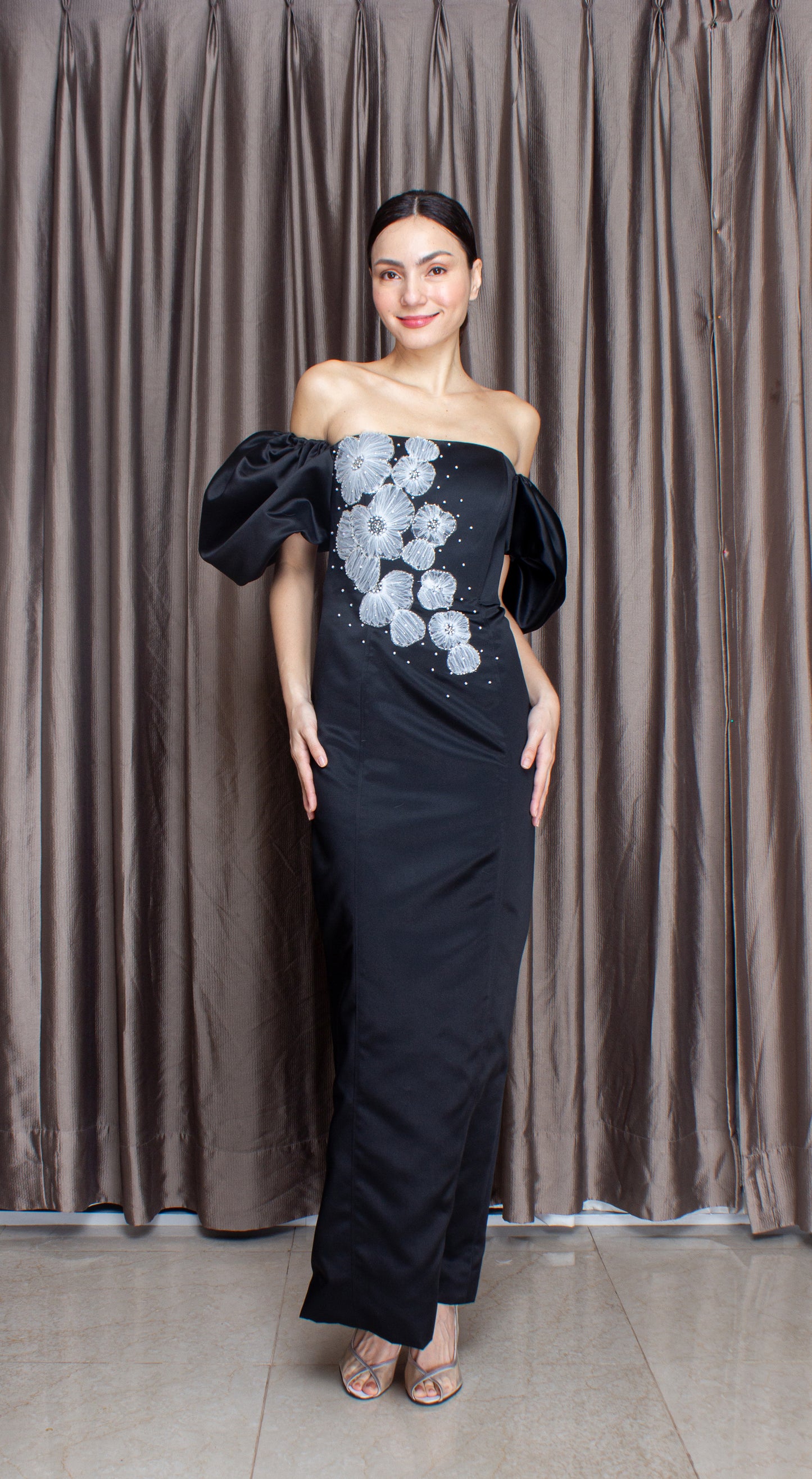 Black Crepe Satin Off-Shoulder Puff Sleeve White Lace Long Gown