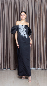 Black Crepe Satin Off-Shoulder Puff Sleeve White Lace Long Gown