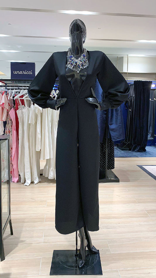 Deep V-Neck Long Sleeve Jumpsuit - Black Crepe