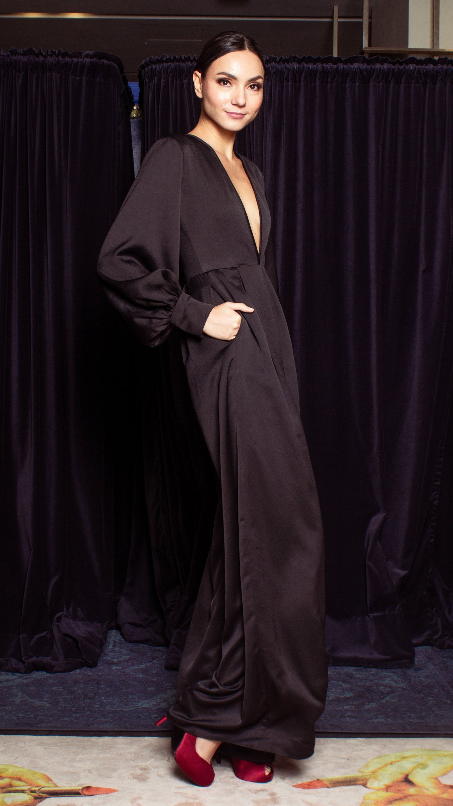Deep V-Neck Front Pleat Wide Leg Jumpsuit - Black Crepe