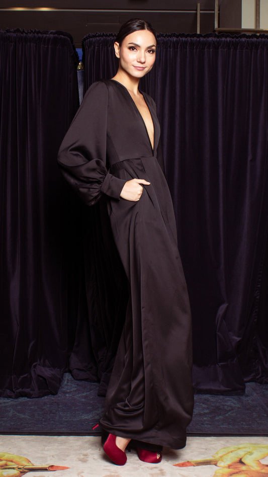 Deep V-Neck Front Pleat Wide Leg Jumpsuit - Black Crepe