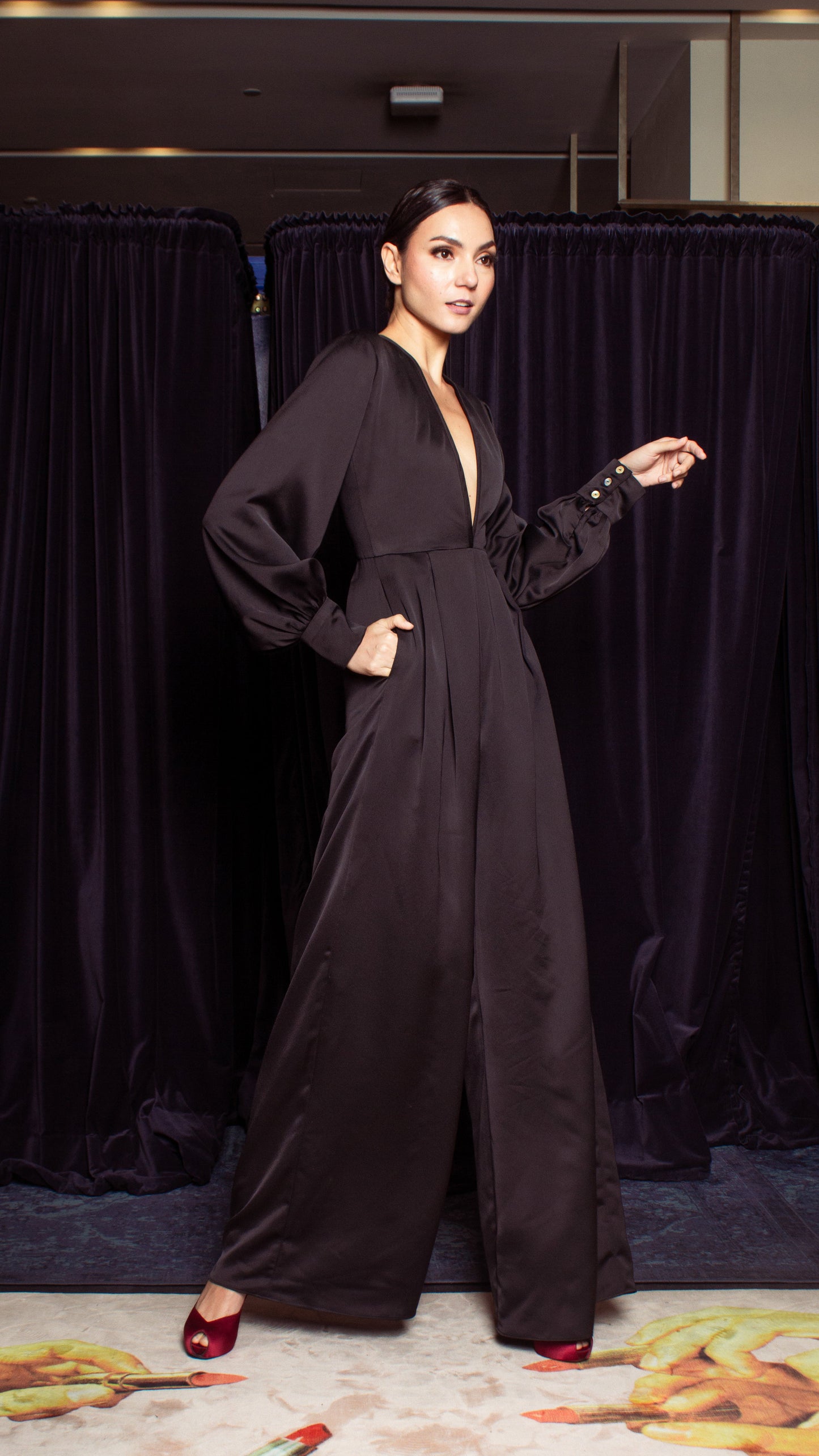 Deep V-Neck Front Pleat Wide Leg Jumpsuit - Black Crepe