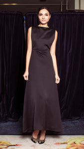 Overlap Upper Body Long Dress - Black Crepe