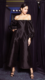 Load image into Gallery viewer, Off-Shoulder Wide Hem Jumpsuit - Shimmery Black Gazar
