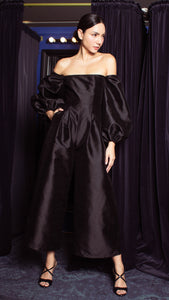 Off-Shoulder Wide Hem Jumpsuit - Shimmery Black Gazar