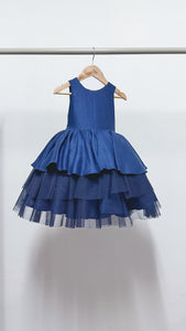 Sleeveless Tiered Linen and Tulle Dress - Blue