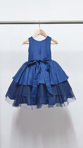 Sleeveless Tiered Linen and Tulle Dress - Blue