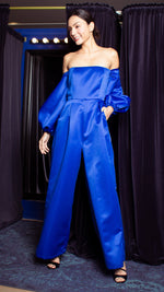 Load image into Gallery viewer, Off-Shoulder Wide Hem Jumpsuit - Royal Blue Premium Duchess Satin
