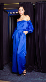 Load image into Gallery viewer, Off-Shoulder Wide Hem Jumpsuit - Royal Blue Premium Duchess Satin
