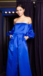 Load image into Gallery viewer, Off-Shoulder Wide Hem Jumpsuit - Royal Blue Premium Duchess Satin
