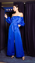 Load image into Gallery viewer, Off-Shoulder Wide Hem Jumpsuit - Royal Blue Premium Duchess Satin
