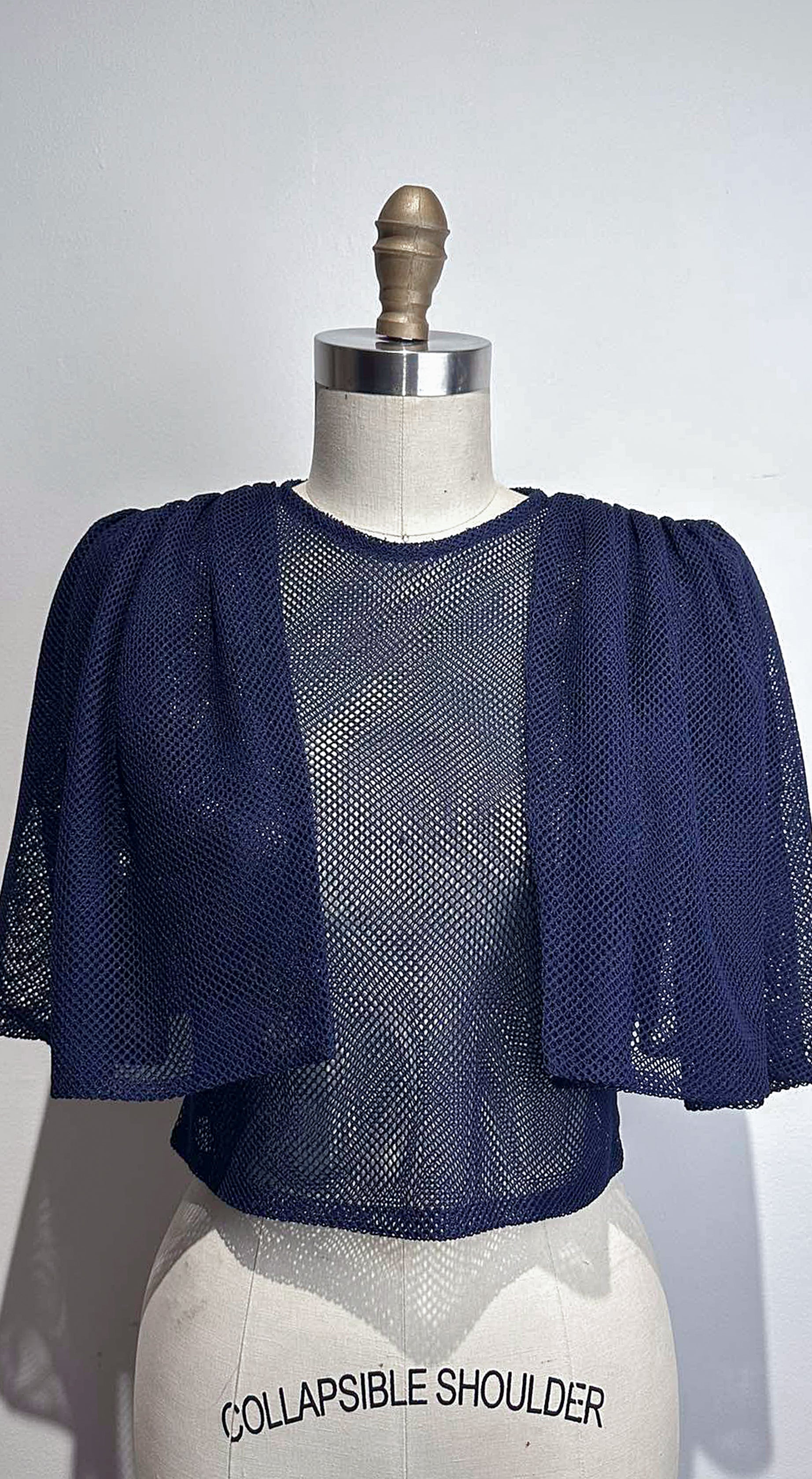 Oversized Shirred Sleeve Open Back Top in Blue Net