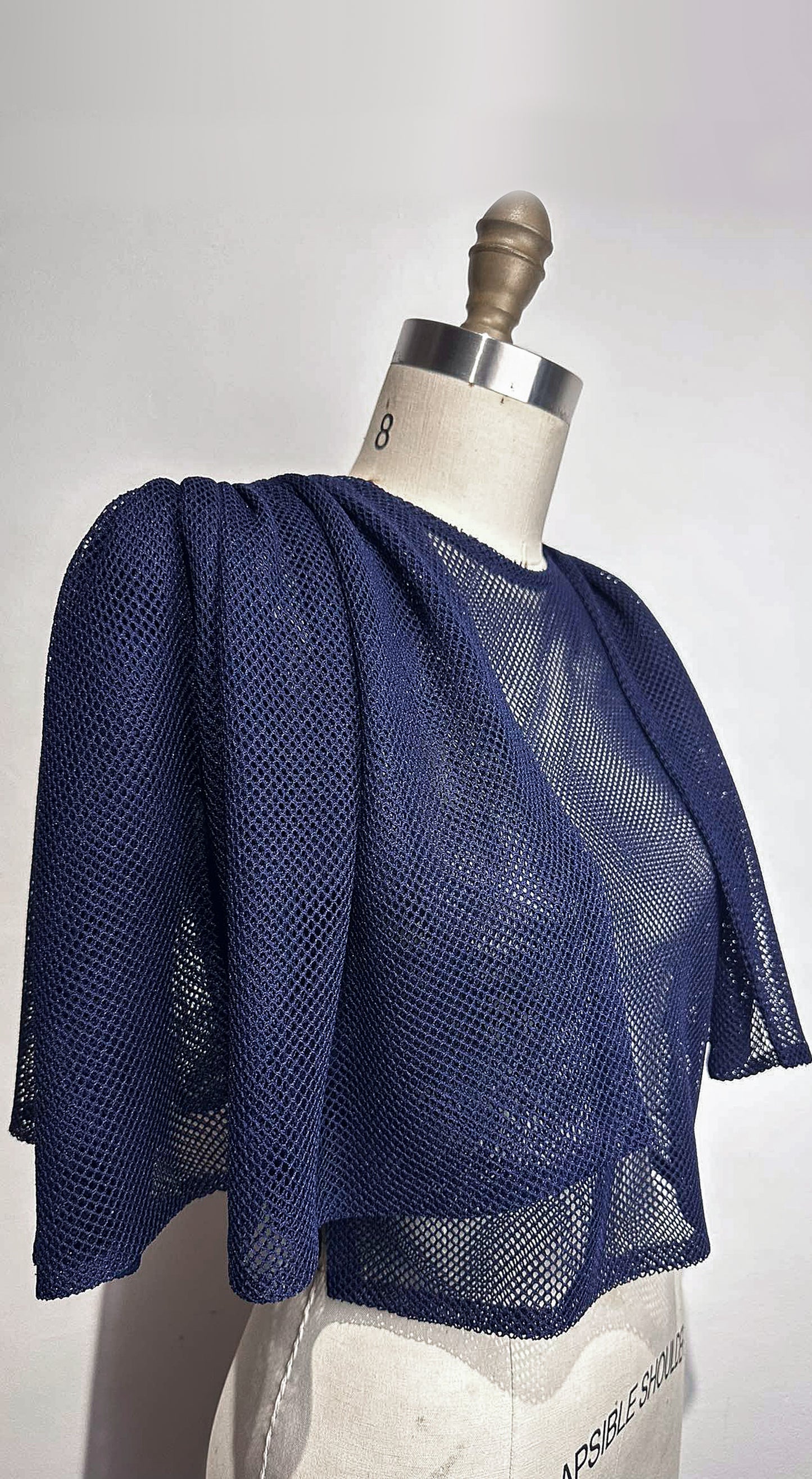 Oversized Shirred Sleeve Open Back Top in Blue Net