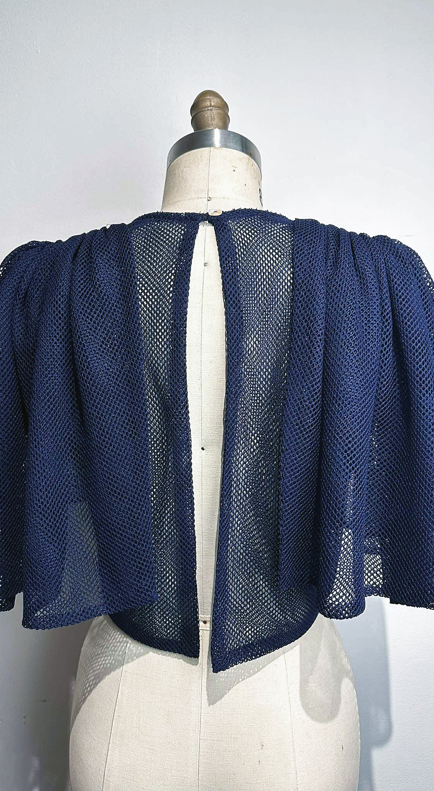 Oversized Shirred Sleeve Open Back Top in Blue Net