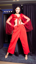 Load image into Gallery viewer, Front Ribbon Bra Cup with Tulle Sleeve - Fiery Red Stretch
