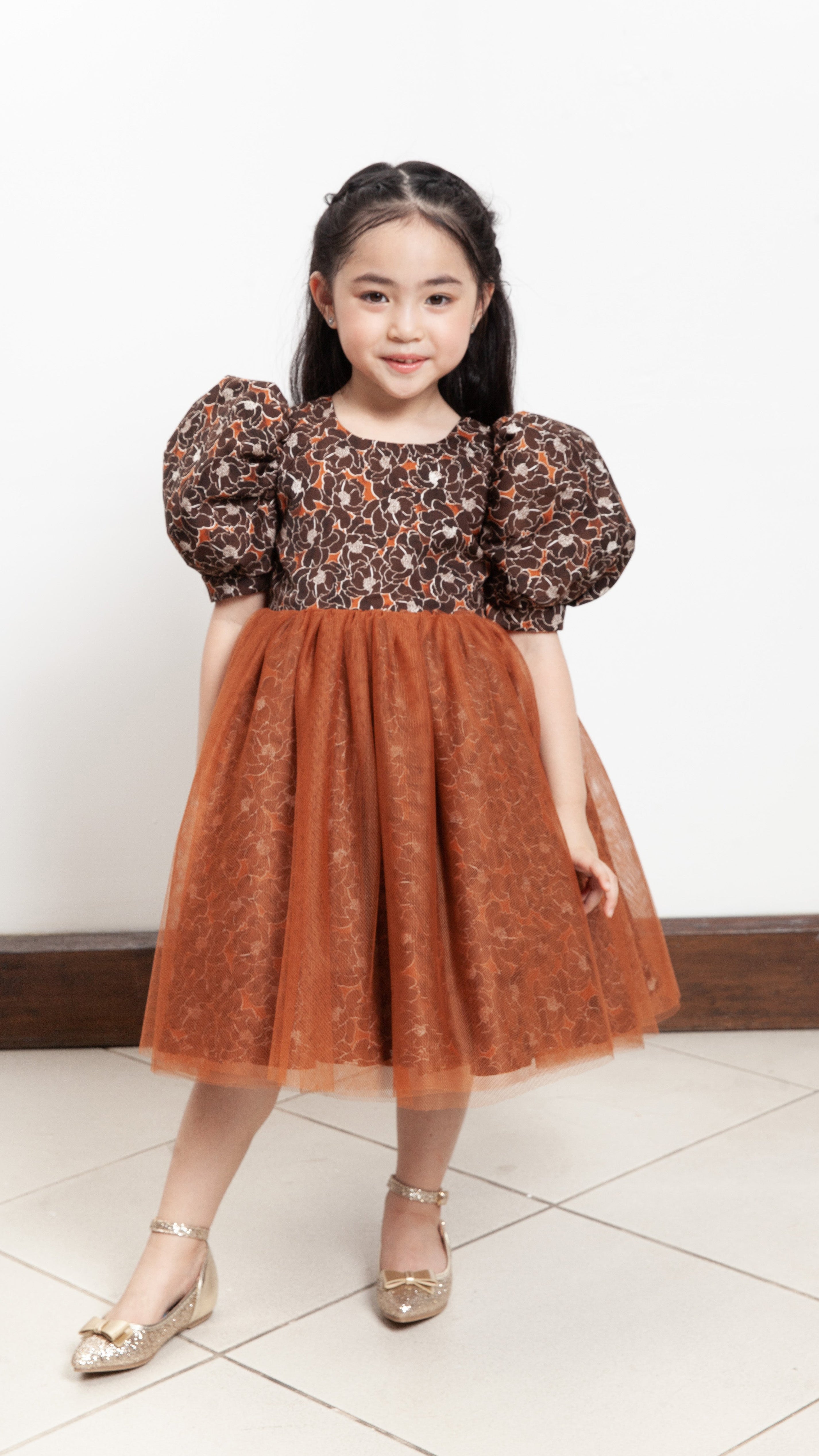 Puff Sleeve Midi Tulle Dress - Brown Floral Satin