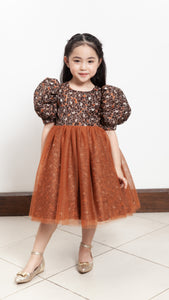 Puff Sleeve Midi Tulle Dress - Brown Floral Satin