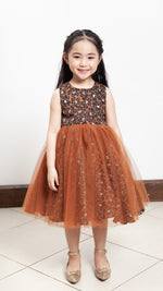 Load image into Gallery viewer, Sleeveless Midi Tulle Dress - Brown Floral Satin
