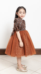 Puff Sleeve Midi Tulle Dress - Brown Floral Satin