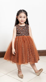 Load image into Gallery viewer, Sleeveless Midi Tulle Dress - Brown Floral Satin
