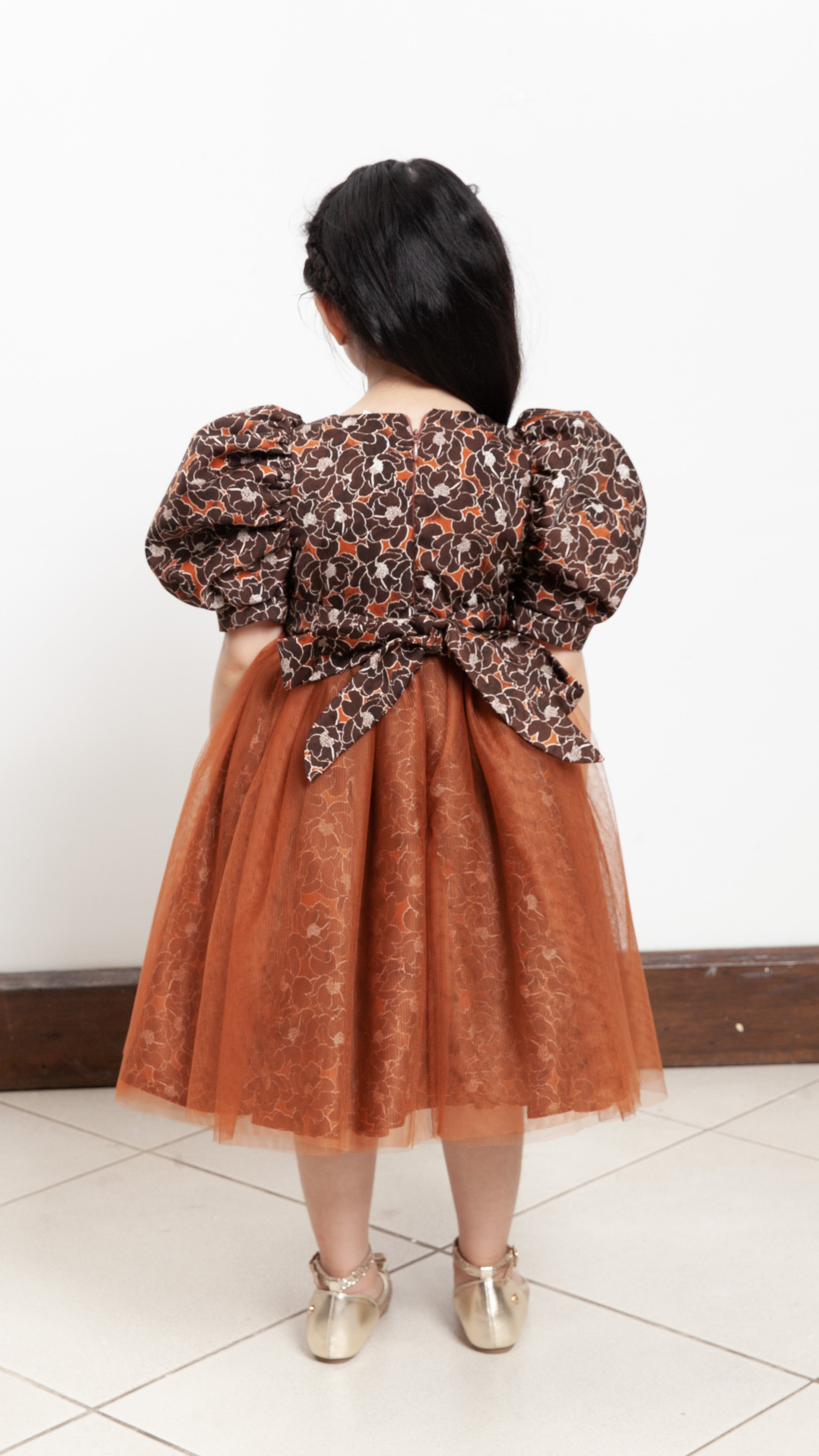 Puff Sleeve Midi Tulle Dress - Brown Floral Satin