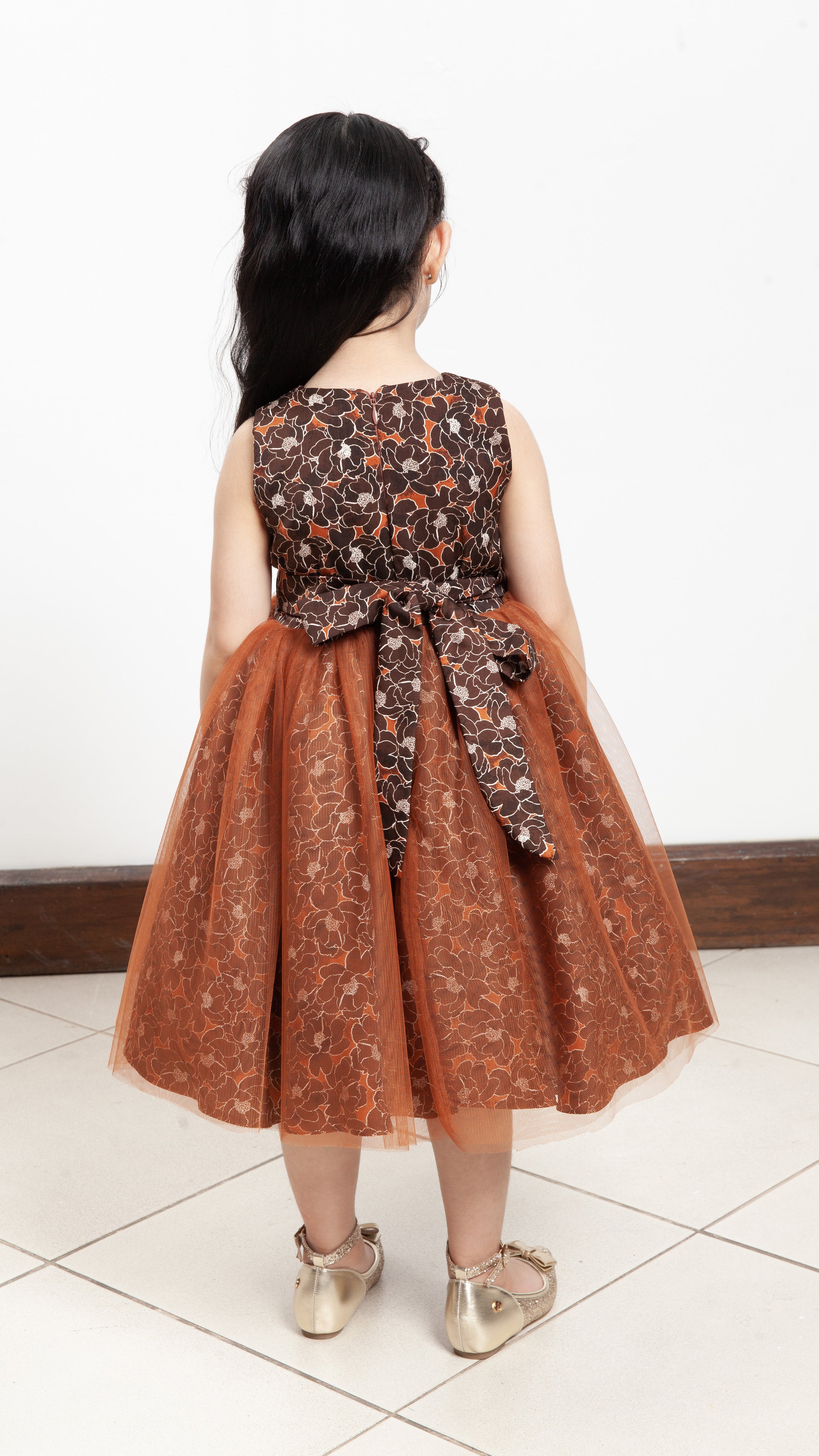 Sleeveless Midi Tulle Dress - Brown Floral Satin