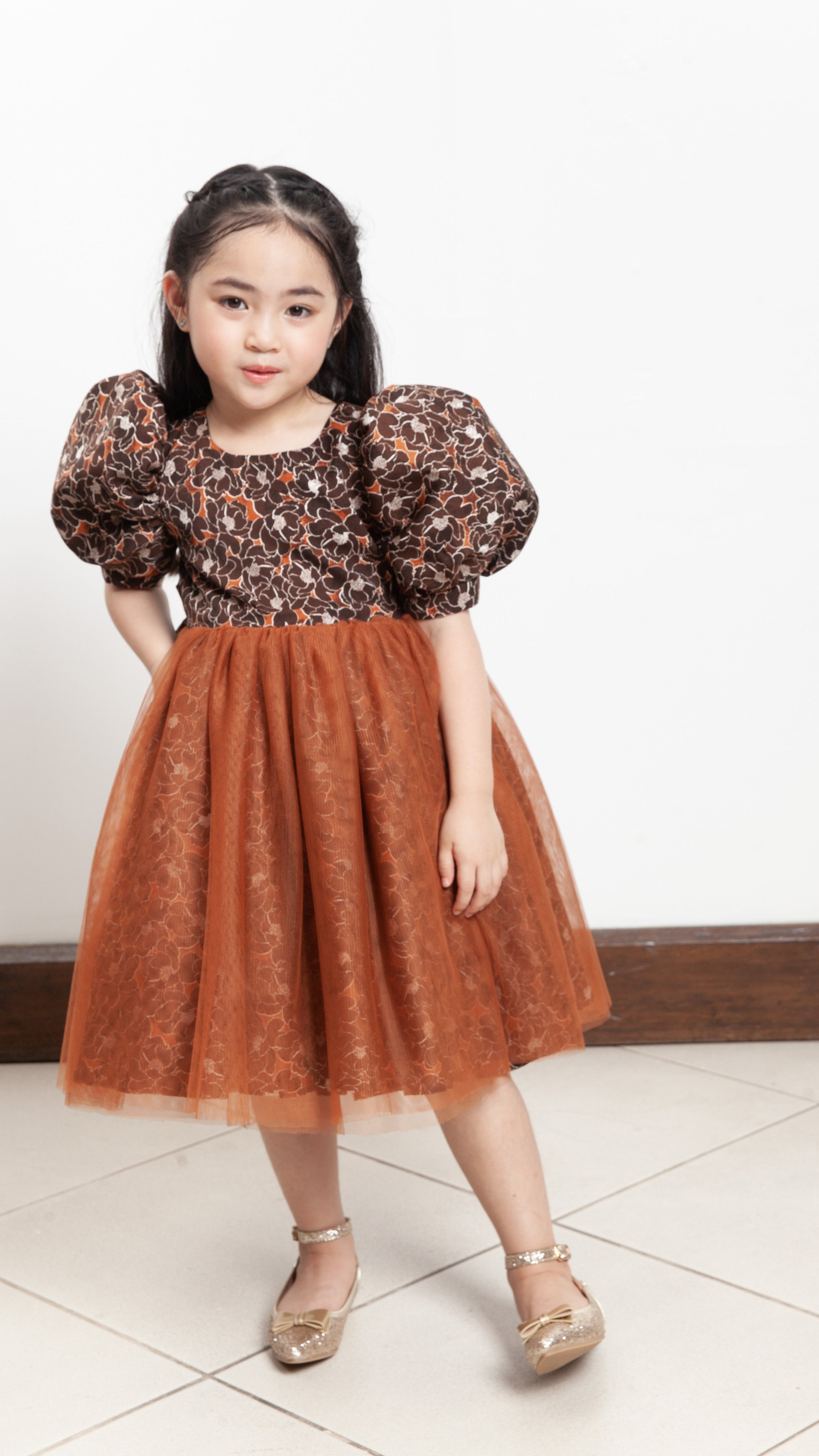 Puff Sleeve Midi Tulle Dress - Brown Floral Satin