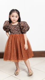 Load image into Gallery viewer, Puff Sleeve Midi Tulle Dress - Brown Floral Satin
