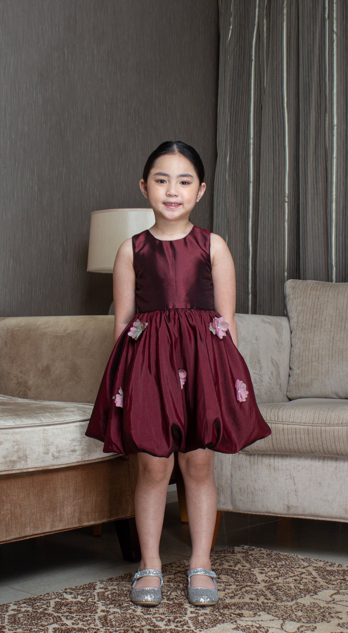 Sleeveless Mushroom Dress with Florets -  Burgundy