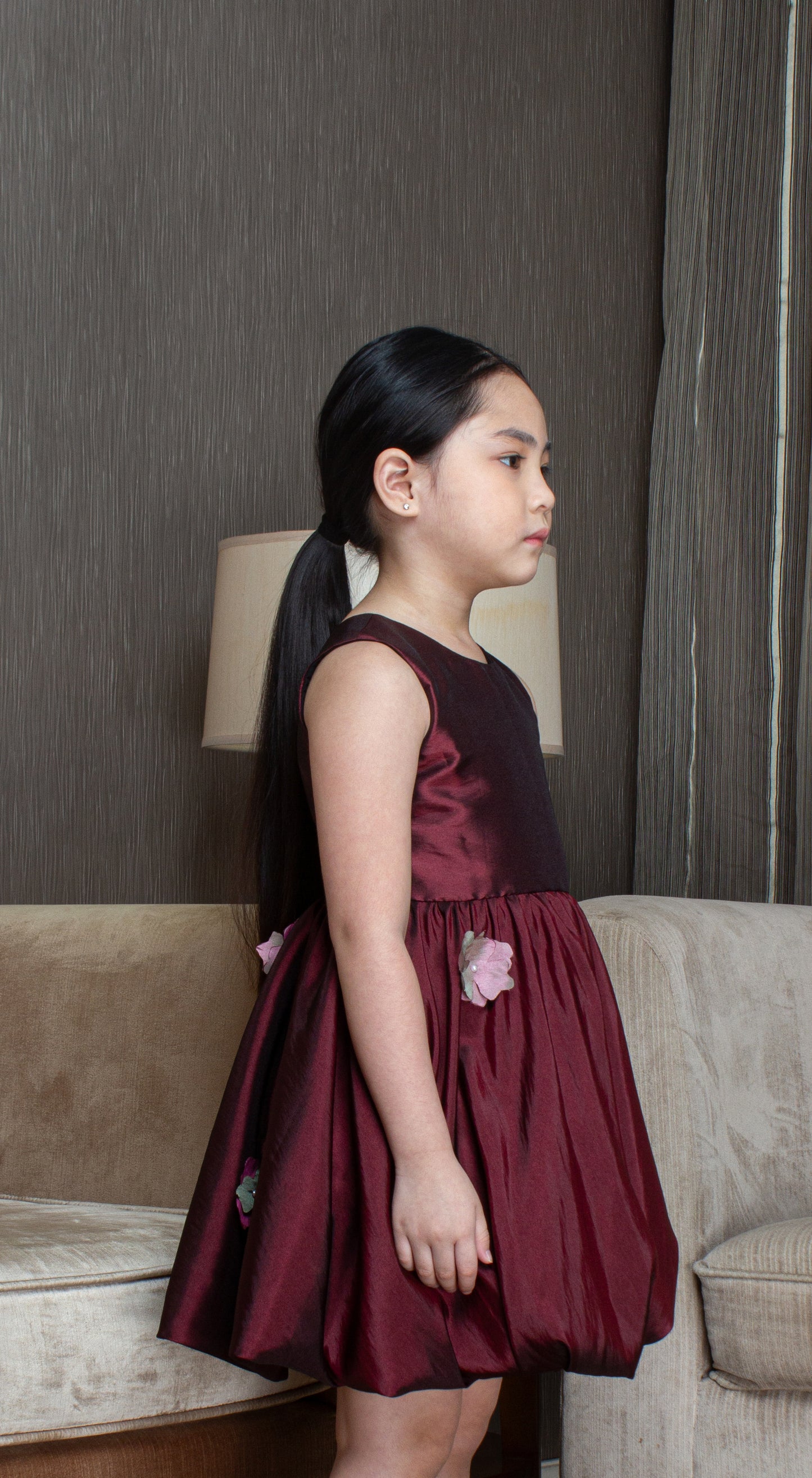 Sleeveless Mushroom Dress with Florets -  Burgundy