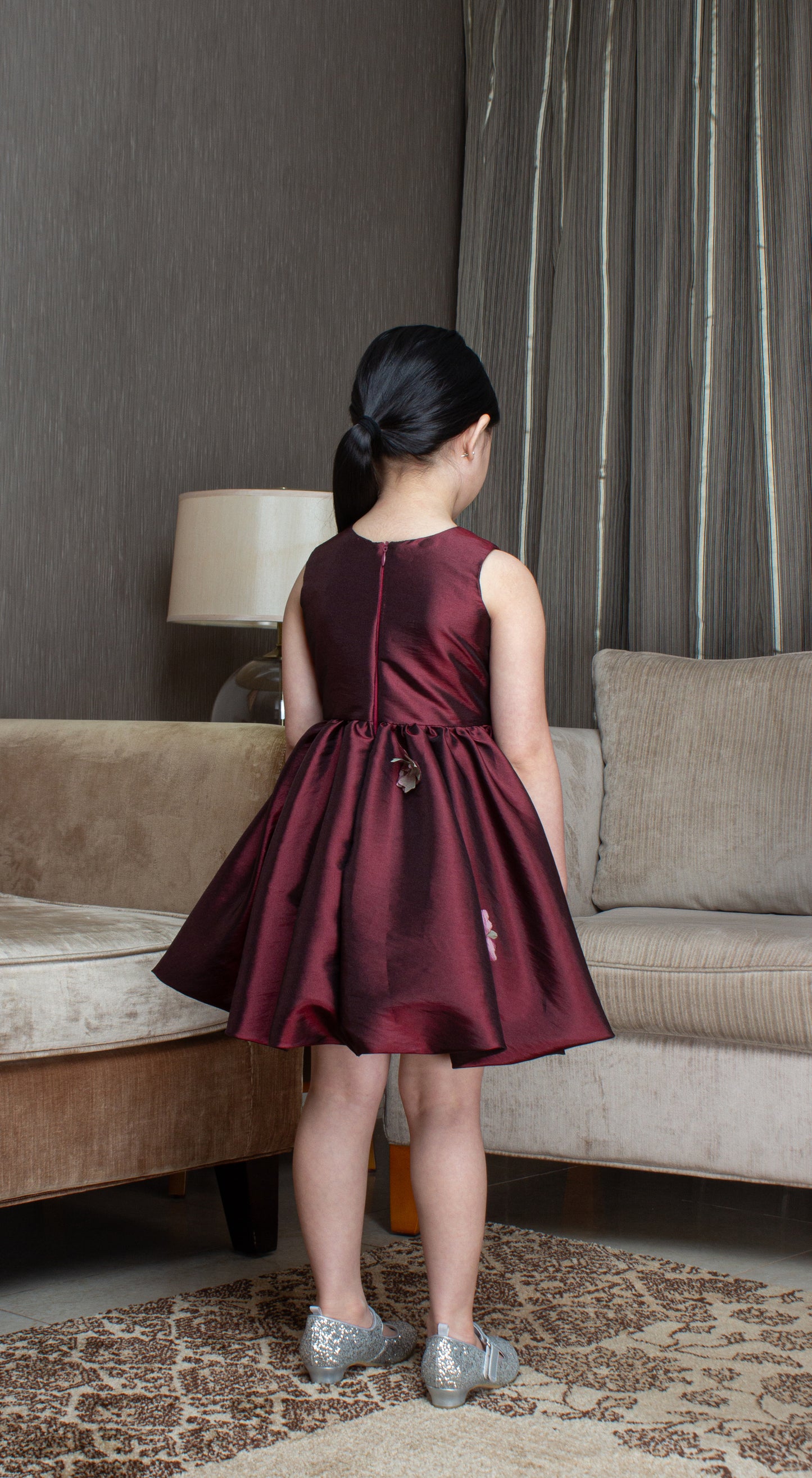 Sleeveless Mushroom Dress with Florets -  Burgundy