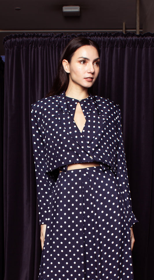 Crop Blazer - Blue-Based Polka Dot