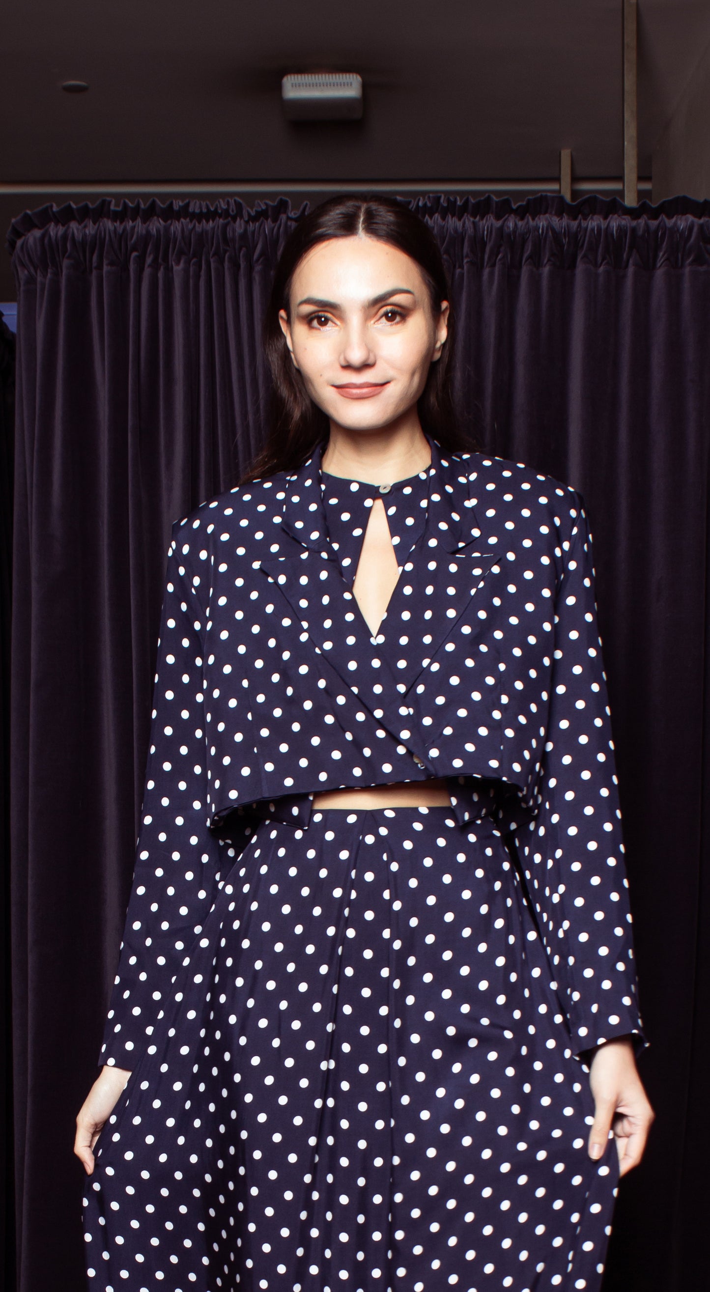 Crop Blazer - Blue-Based Polka Dot