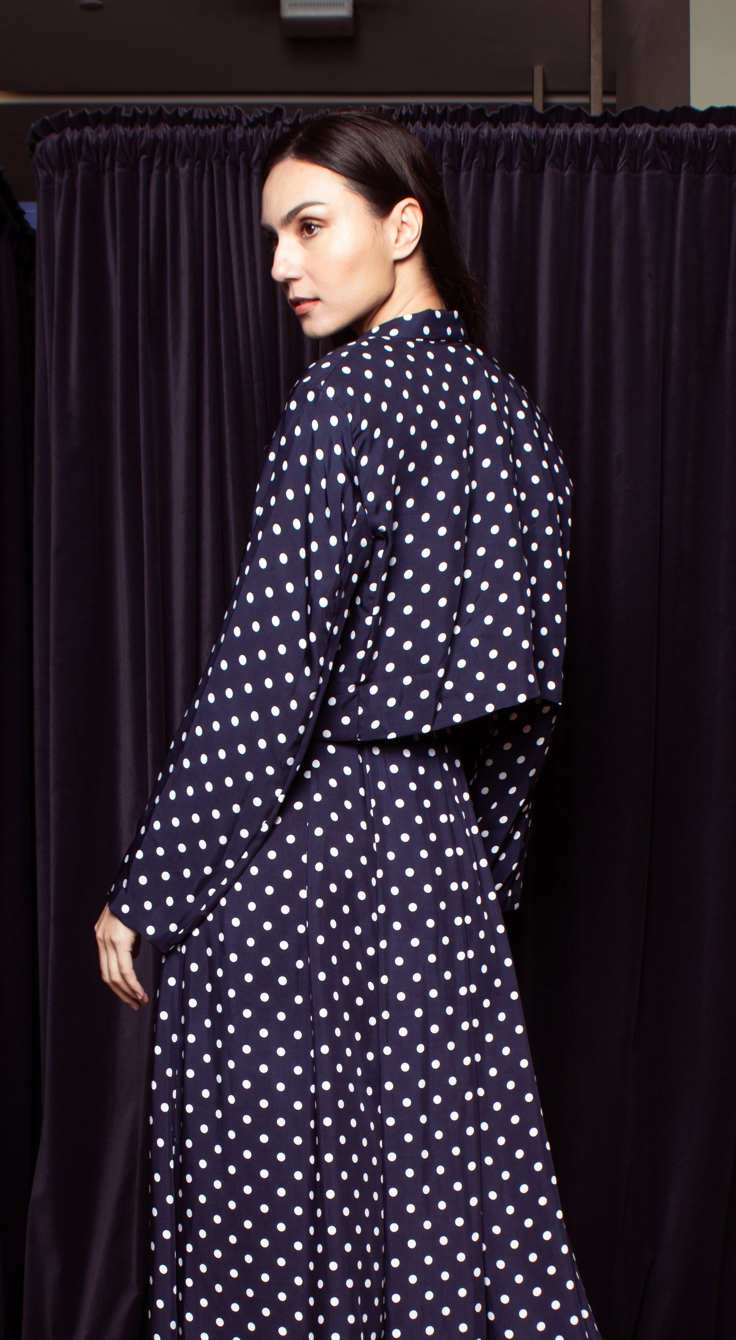 Crop Blazer - Blue-Based Polka Dot