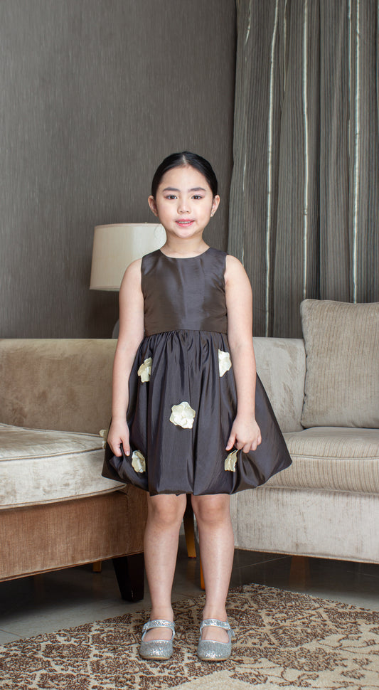 Sleeveless Mushroom Dress with Florets -  Dark Brown