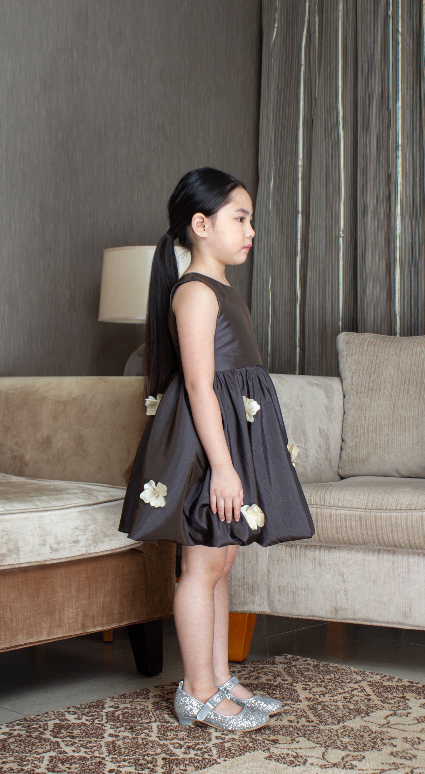 Sleeveless Mushroom Dress with Florets -  Dark Brown