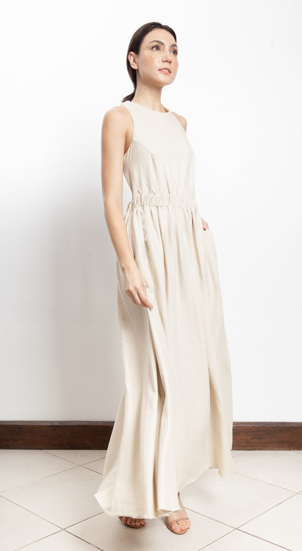 Elastic Waist Criss Cross Back Dress - Beige Linen