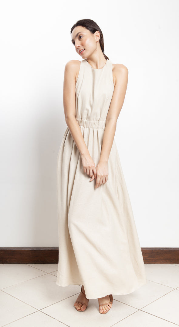 Elastic Waist Criss Cross Back Dress - Beige Linen