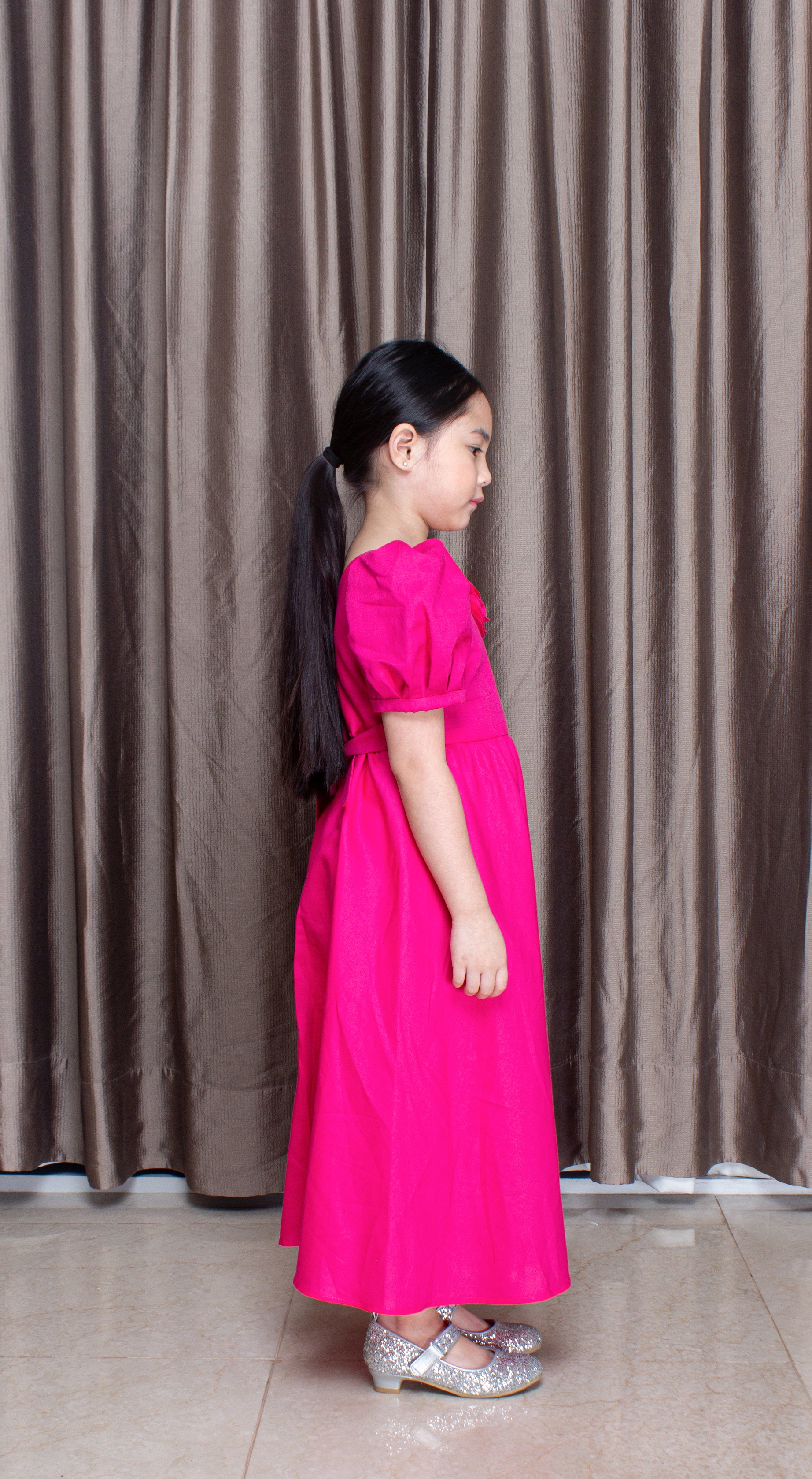 Puff Sleeve Maxi Dress with Florets in Fuchsia